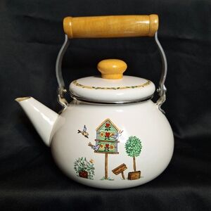 Vintage Enamel Thomas Teapot~Wooden Handle & Lid Knob~Birdhouse And Trees